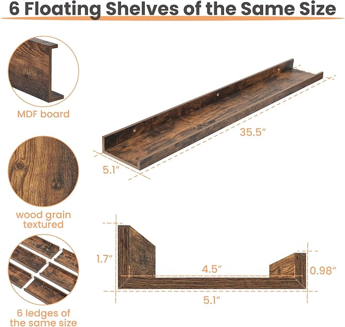 upsimples Floating Shelves for Wall Decor and Storage, Brown, 6Pcs 35.5''