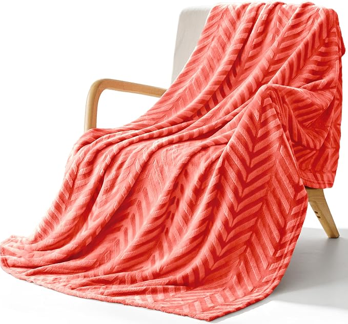 Whale Flotilla Flannel Fleece Throw Blanket for Couch, Coral | Lightweight Breathable Soft Sofa Throws, Plush Fluffy Chevron Design Decorative Blankets for All Season, 50x60 Inch