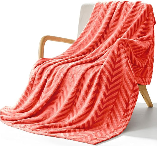 Whale Flotilla Flannel Fleece Throw Blanket for Couch, Coral | Lightweight Breathable Soft Sofa Throws, Plush Fluffy Chevron Design Decorative Blankets for All Season, 50x60 Inch