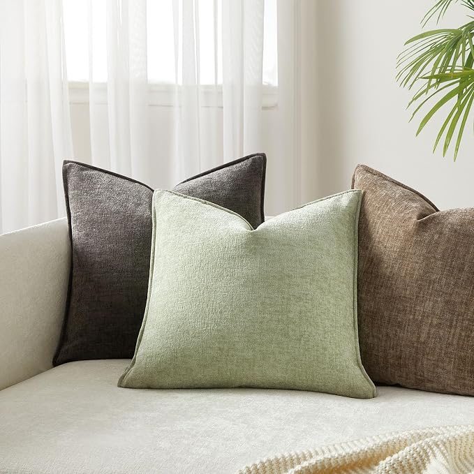24x24 Chenille Decorative Throw Pillow Covers Case Set of 2,Light Green | JUSPURBET Cozy Soft Cushion Covers with Invisible Zipper for Couch Sofa Bed Home Decor Living Room
