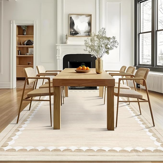 COZYLOOM 10x13 Dining Room Rugs for Under Table, Machine Washable Area Rugs for Bedroom, Non Slip Non Shedding Modern Border Rug, Stain Resistant Low Pile Carpet for Living Room, Nursery, Beige