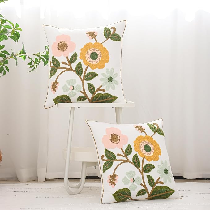 Floral Throw Pillow Covers 18x18 Pack of 2 Pink and Yellow Flower Embroidered Pillow Cover with Green Leaves Farmhouse Pillow Cushion Case Decorative Farm Pillowcases for Summer Fall Autumn