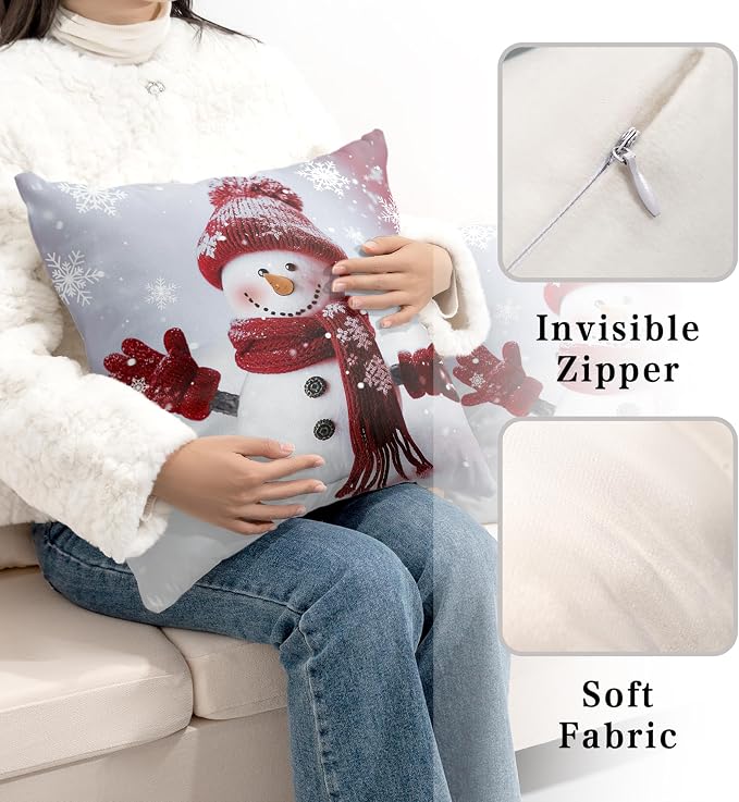 Red Snowman with Snowflake Throw Pillow Covers Snowman Pillow Covers 22x22 Set of 2 Christmas Winter Holiday Cushion Case for Couch Living Room Bedroom Sofa