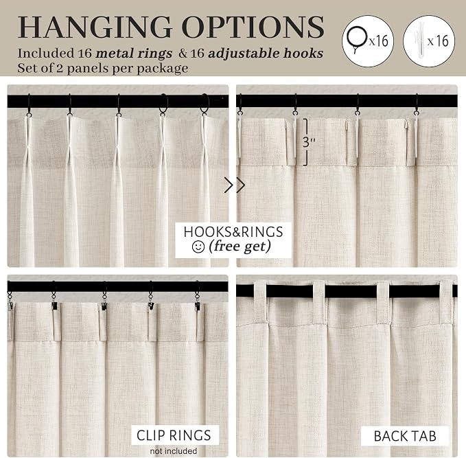Extra Long 112 Inches High Ceiling Linen Blend Curtains 2 Panels Set for Dining Room, Memory Trained Pinch Pleated textured sheer Viral Drapes Bedroom Large Window Curtain 9-1/3FT Length Hook Back Tab