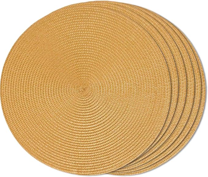FunWheat Round Braided Placemats Set of 4 Table Mats for Dining Tables Woven Washable Non-Slip Place mats 15 inch(Pumpkin Yellow,4pcs)