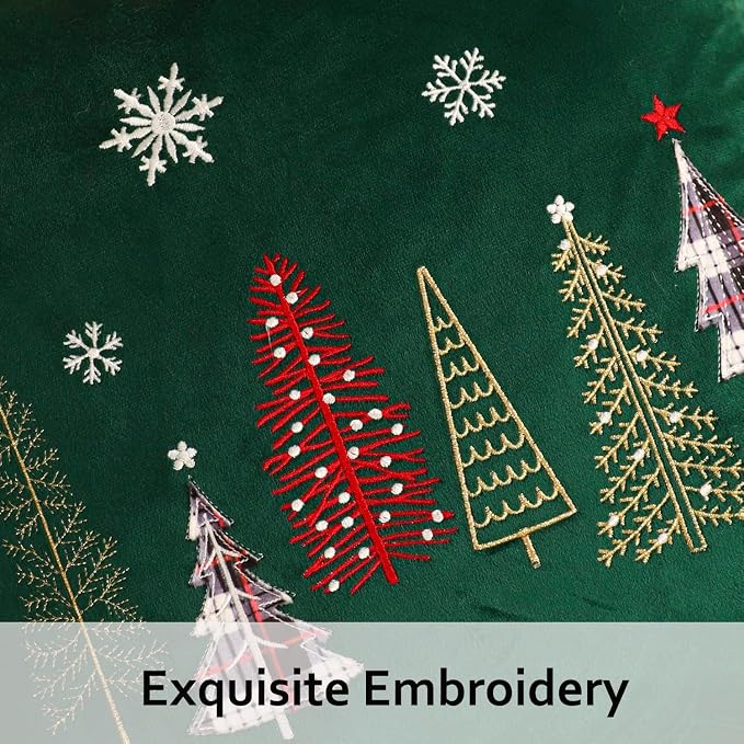 Christmas Embroidery Throw Pillow Covers 24 x 24 inch Set of 2 Xmas Dec Velvet Pillowcases Forest Green Christmas Trees Cushion Pillow Cases Soft Square Holiday Pillowcase