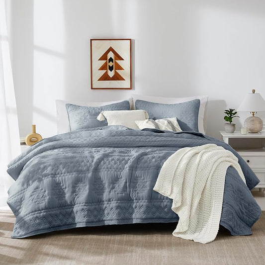 WDCOZY Boho Blue Grey Twin Quilt Size Bedding Sets with 1 Pillow Sham, Farmhouse Lightweight Soft Bedspread Coverlet for All Season, 2 Pieces, 68x90 inches