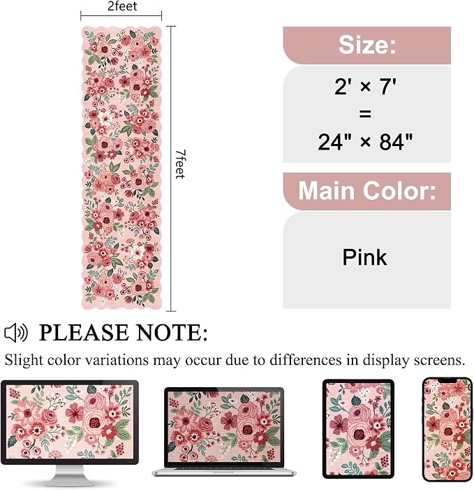 DUKINO 2x7 Runner Rug for Hallway, Floral Washable Rug for Kitchen, Pink | Low Pile, Stain Resistant, Soft Throw Carpet Runner for Entryway, Bedroom, Bathroom, Laundry, Pet Friendly, Modern Home Decor