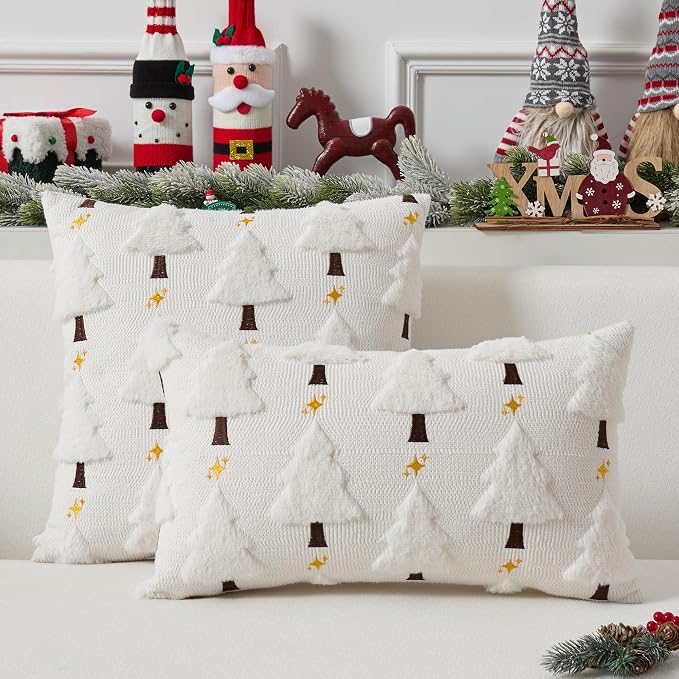 UGASA Star Christmas Decorative Pillow Covers 18x18 Inch Set of 2 Soft Plush Faux Fur Jacquard Throw Pillows Pillowcases for Couch Sofa Holiday Festivals Winter Home Decor, Cream