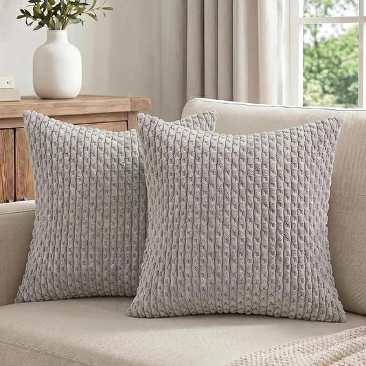 Fancy Homi Set of 2 Neutral Grey Decorative Throw Pillow Covers 16x16 Inch for Couch Bed Sofa Bedroom, Modern Farmhouse Boho Home Decor, Soft Fluffy Textured Corduroy Cute Gray Cushion Case 40x40 cm