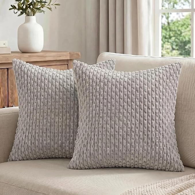 Fancy Homi Set of 2 Neutral Grey Decorative Throw Pillow Covers 18x18 Inch for Couch Bed Sofa Bedroom, Modern Farmhouse Boho Home Decor, Soft Fluffy Textured Corduroy Cute Gray Cushion Case 45x45 cm