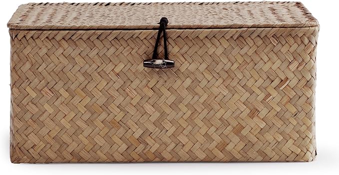 Nonam Small Wicker Basket with Lid,Seagrass Shelf Storage Basket,Coffee | Basket Container for Organizing, Boho Decorative Basket, Rectangular Household Storage Boxes for Home Organization