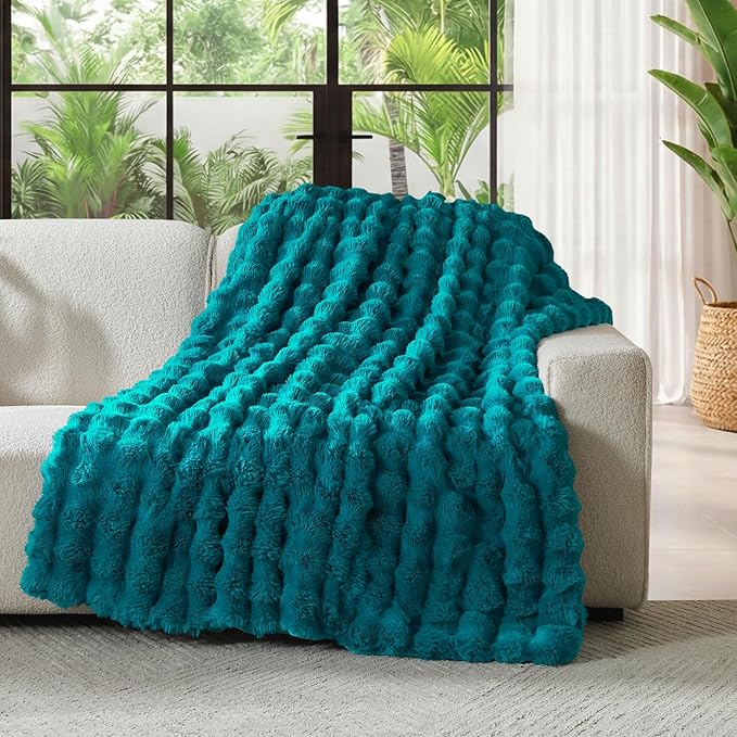 Lotus Karen Faux Fur Throw Blanket Teal - Big Bubble Rabbit Fluff Blanket for Couch Bed Sofa,Softest Fluffy Fuzzy Cozy Blanket,Thick Furry Plush Shaggy Warm Blankets for Women,90x90 Inches