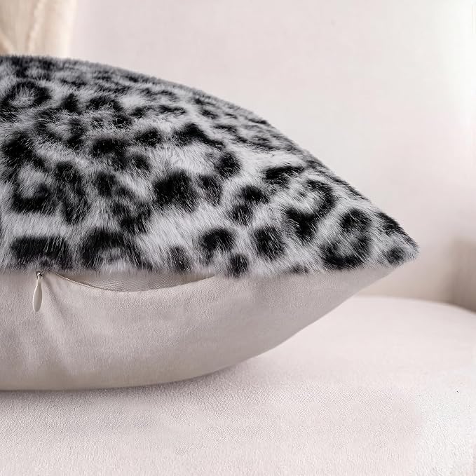 cygnus Snow Leopard Pillow Covers 18x18 inch Set of 2 | Black and White ,Soft Faux Fur Animal Print Throw Pillow Covers,Cheetah Pillowcase for Couch Sofa Bedroom Livingroom