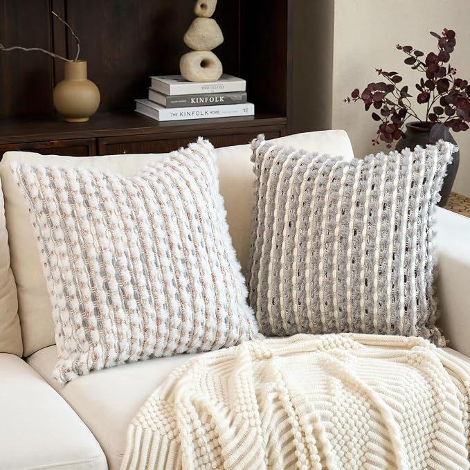 Aeckself Handmade Boho Chenille Tufted Pillow Cover 20x20 Inch, Decorative Square Throw Pillow Cover Neutral Pillowcase for Couch Bedroom Living Room, Grey White