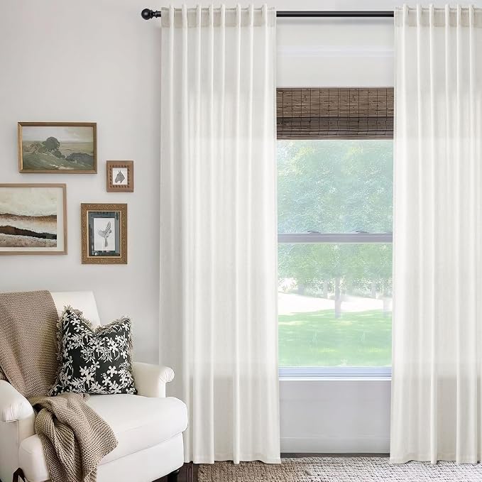 Jowels 60 Inch Extra Wide Natural Linen Curtains 84 Inch Long 1 Panel | Ivory Light Filtering Sheer Curtain,Back Tab Pocket Pleated Look,Modern Farmhouse Textured Privacy Drapes for Living Room