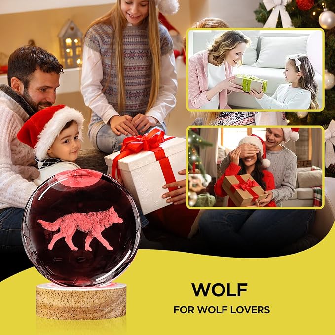 3D Crystal Ball Night Light - 3.15 Inch Wolf Figurine Glass Ball Lamp with 16 Color Changing Wooden Base - Ideal Gifts for Friends, Kids, Christmas, Birthday