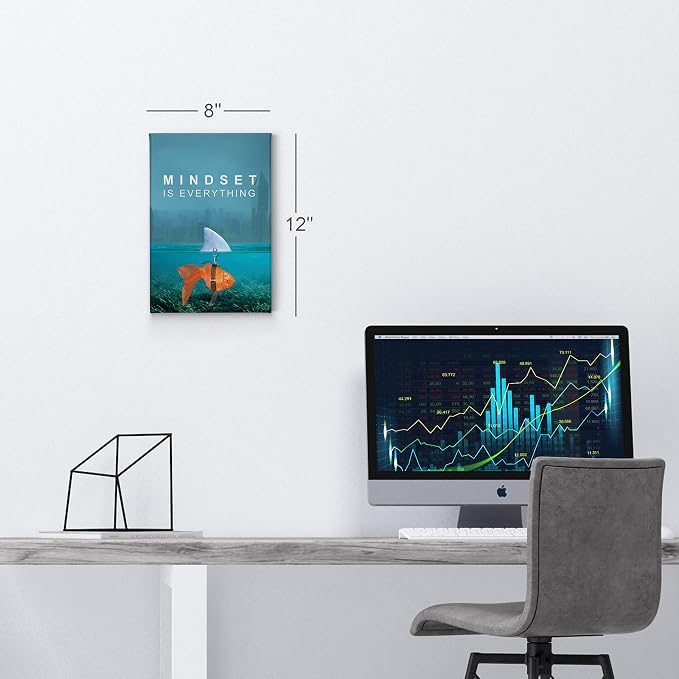Smile Art Design Mindset is Everything Wall Art Canvas Print Goldfish Shark Entrepreneur Inspirational Motivational Quote Living Room Home Bedroom Office Decor Ready to Hang 17x11