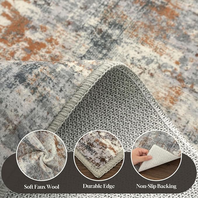 Lansny Abstract Washable 2x6 Hallway Runner Rug Non Slip Kitchen Runner | Grey/Multi;Thin Printed Faux Wool Rug Runners;Entryway Runner Indoor;Rubber Backed 6ft Carpet Runners for Hall;Bedroom Runner
