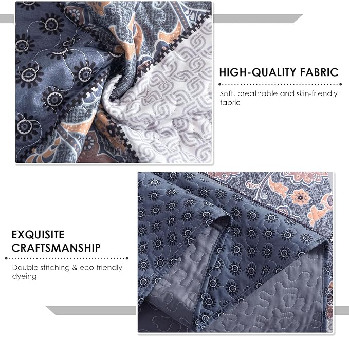 Travan 3-Piece King Bedspread Quilt Set Lightweight Coverlet Set Garden Style Floral Printed Oversized Quilted Bedding Set with Shams for All Season, Exquisite, King Size