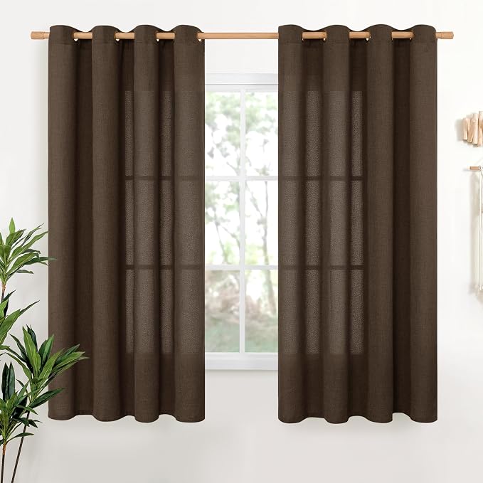 YoungsTex Brown Linen Curtains 68 Inch Length for Living Room, Light Filtering Bronze Grommet Textured Window Drapes Privacy for Bedroom Farmhouse Decorative, 52 x 68 Inch, 2 Panels