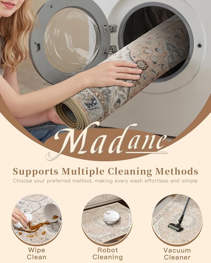 Madane Washable Runner Rug 2x6 Runners for Hallways Non Slip, Pink/Gray | Vintage Stain-Resistant 6 Feet Kitchen Rug, Soft Low-Pile Ultra-Thin Floor Carpet Mat for Bathroom Laundry Room Bedroom 2x6ft