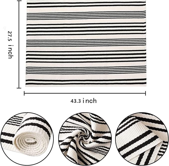BUAGETUP Black and White Layered Doormat,27.5x43.3inch Striped Outdoor Rug Hand Woven Cotton Indoor Outdoor Rug for Porch Layered