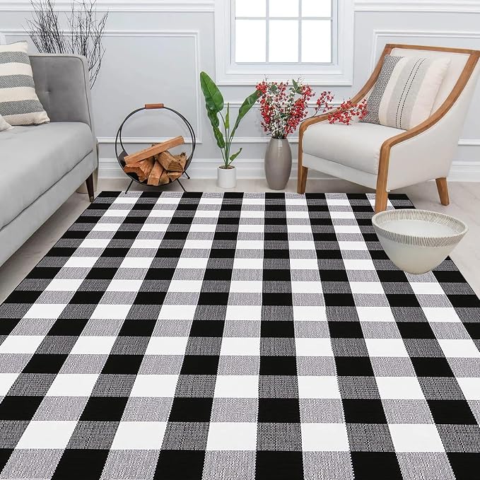 Bottalive Buffalo Plaid Outdoor Rugs, 5'x7' Black and White Checkered Area Rug, Washable Cotton Woven Indoor/Outdoor Rug for Farmhouse/Patio/Front Porch/Living Room/Laundry Room/Bedroom Décor