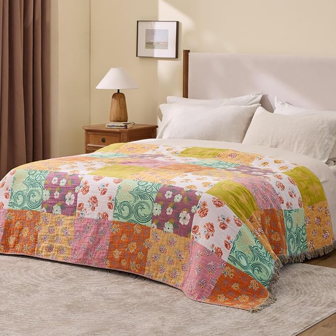 RILIHO 100% Cotton Boho Throw Blanket for Home Decor – Classic Farmhouse Quilt Bedding, Muslin Blankets for Adults, Vintage Woven Decorative Blanket for Couch, Bed Layering Use, Patchwork, 60"x80"