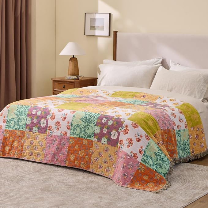 RILIHO 100% Cotton Boho Throw Blanket for Home Decor – Classic Farmhouse Quilt Bedding, Muslin Blankets for Adults, Vintage Woven Decorative Blanket for Couch, Bed Layering Use, Patchwork, 50"x60"