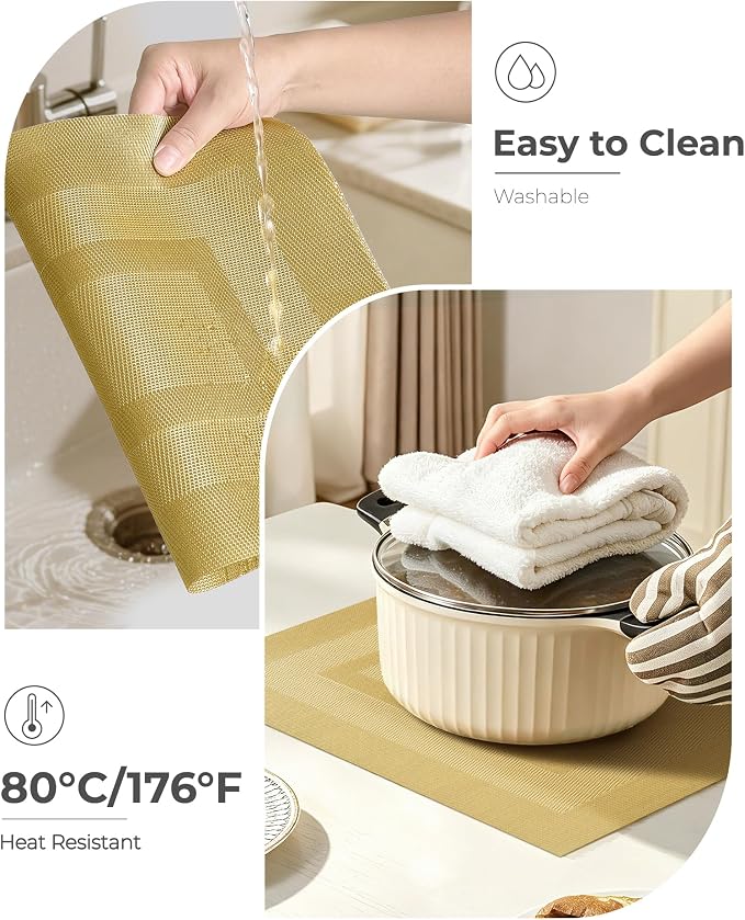 Leetaltree Gold Frame Placemats Set of 4 - Heat Resistant Non-Slip Place Mats for Dining Table, Washable Durable PVC Vinyl Woven Table Mats（Gold Frame, 4）
