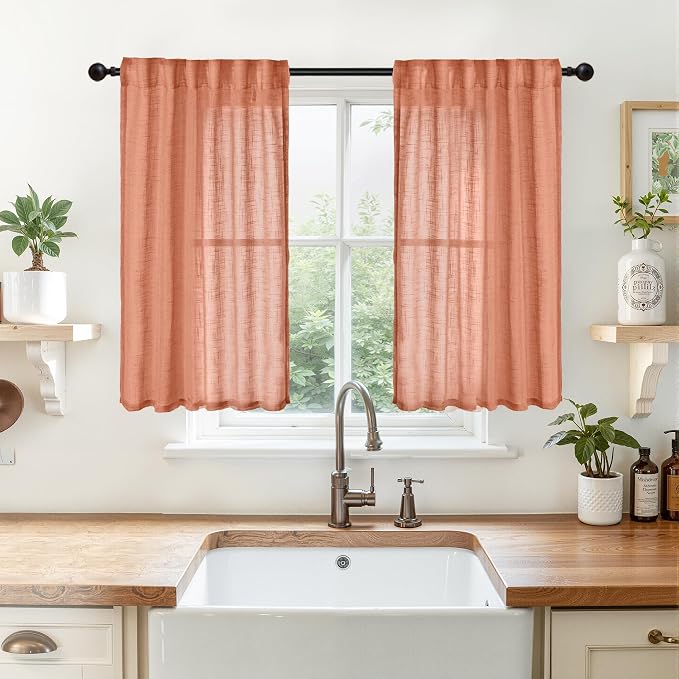 Burnt Orange Linen Semi Sheer Curtains 34 X 40 Inch Long for Kitchen Window | Small Drapes with Rod Pocket Back Tab Lightweight Fall Decor for Bathroom Cafe Windows Over Sink, 2 Panels, 34 X 40 Inch