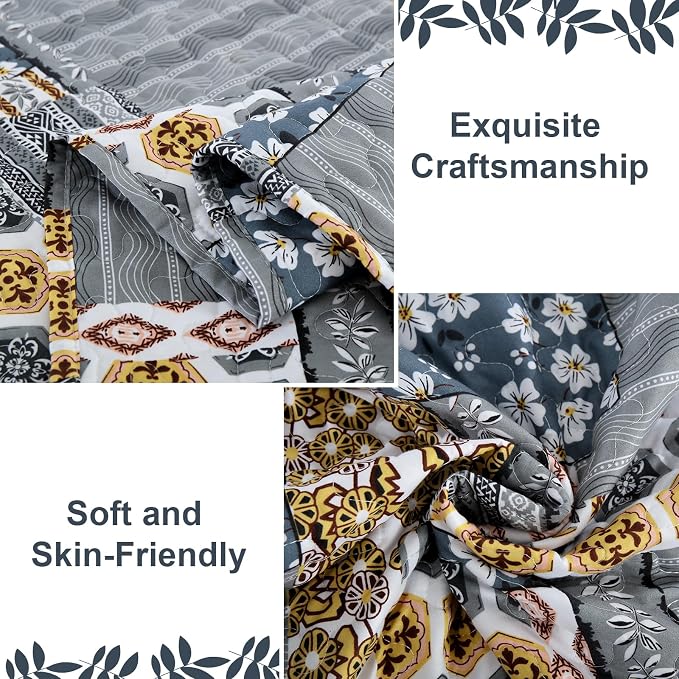 Mybedsoul Boho Quilt King Size, Patchwork Floral Bedding Set, Dark Grey | Soft Lightweight Microfiber Coverlet Set, 3 Pieces Reversible Plaid Bedspread, Bed Sets for All Seasons 90"x110"