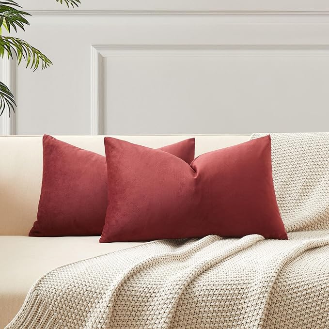 JUSPURBET 12x20 Lumbar Velvet Throw Pillow Covers Set of 2,Dark Red