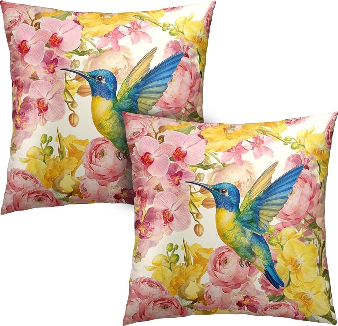Spring Pillow Covers 18x18 Set of 2 Hummingbird Throw Pillow Covers Pink Yellow Moth Orchid Buttercup Floral Pillow Case for Home Decor Couch Sofa
