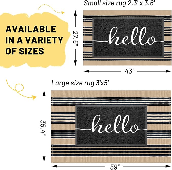 KILOCOCO Striped Rug 3x5 ft Washable Front Door Outdoor Rug, Brown Black | Cotton Layered Doormats, Washable Front Porch Rug, Woven Low Pile Welcome Mat for Kitchen Entryway Farmhouse Patio