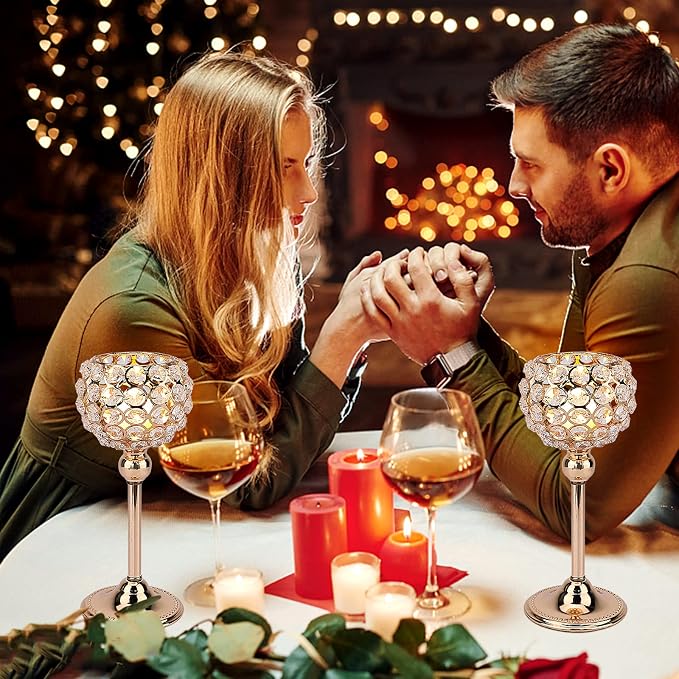 Gold Crystal Candle Holders Set of 2 Bling Tea Lights Candle Holder Dining Table Centerpiece Decor House Warming Gifts Christmas Table Decorations Dinner Table Decor (Gold, 2pcs 10")