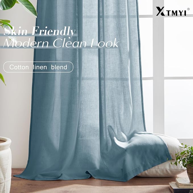 XTMYI Dusty Blue Curtains 63 Inches Long for Bedroom,Light Filtering Country Vintage Hooks Pleated Back Tab Semi Sheer Linen Curtains for Living Room 2 Panels Set,Grey Stone Blue