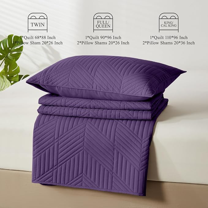 Davulos Full/Queen Quilt Set, Purple Lightweight Microfiber Bedspread, Reversible All Season Coverlet with Modern Geometric Pattern, Ultra Soft & Breathable (1 Quilt, 2 Pillow Shams)