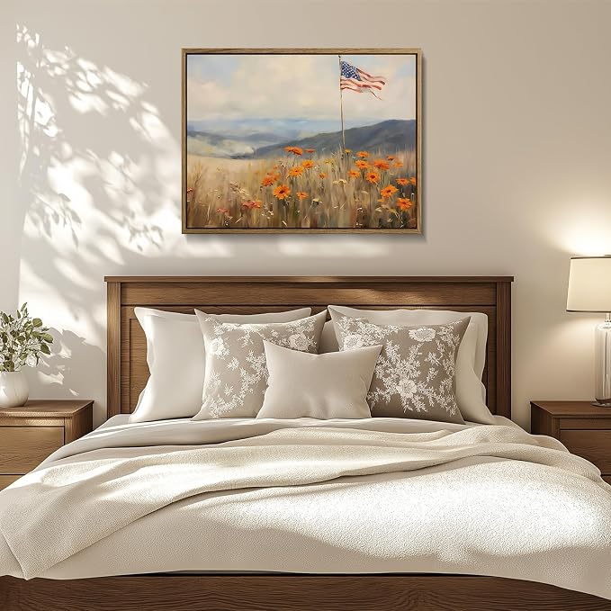 American Flag Framed Canvas Wall Art, 4th of July Patriotic Canvas Prints | Wildflower Meadow Landscape Poster Print, Vintage Rustic Independence Day Wall Decor for Bedroom Living Room 24×32in