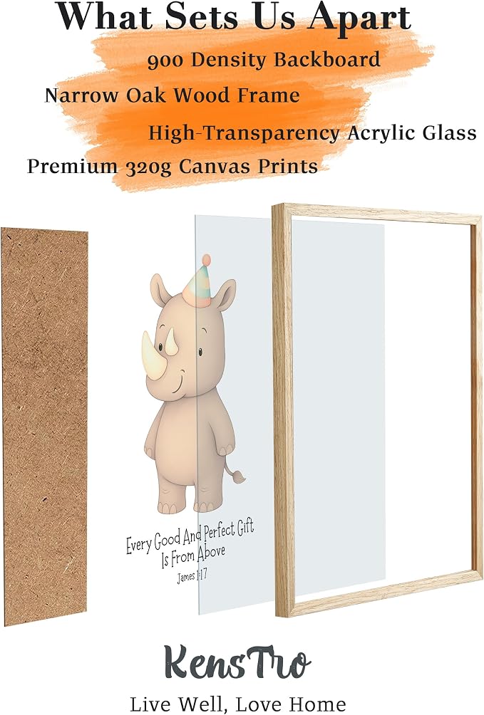 KensTro 12x16 Oak Framed James 1:17 Scripture Wall Art | Natural Oak Wood Framed Scripture Print with Rhino Illustration for Bedroom, Hallway, Office and Living Space