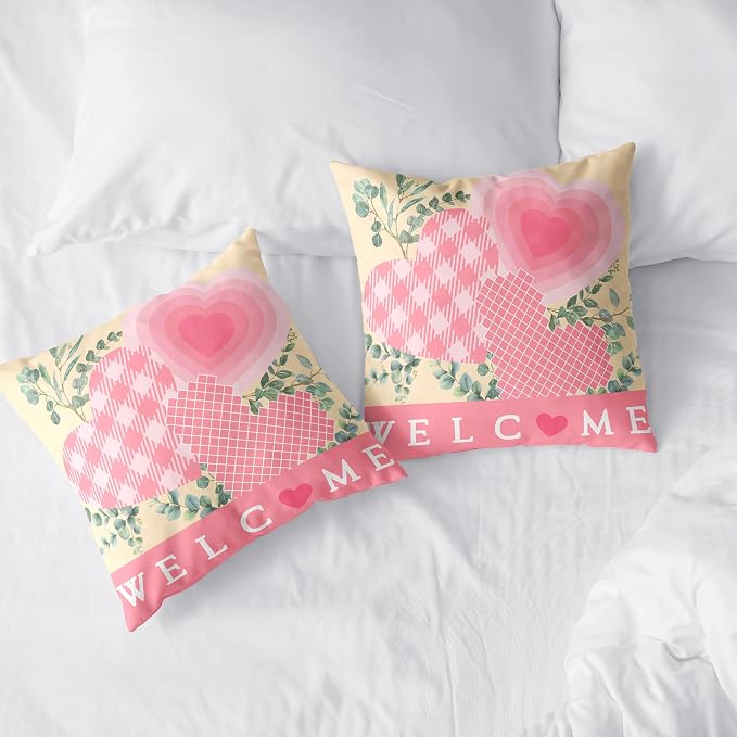 Valentine Day Pillow Covers 20x20 Set of 2 Valentines Day Pink Heart Throw Pillow Covers Pink Hearts with Eucalyptus Decoarative Pillow Case Cushion Case for Couch Sofa