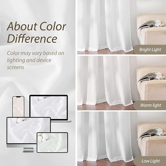 RYB HOME Linen Sheer Curtains 2 Panels for Living Room, Semi Transparent Privacy Drapes with Rod Pocket Farmhouse Style Window Treatments for Bedroom, White, 38" W x 63" L