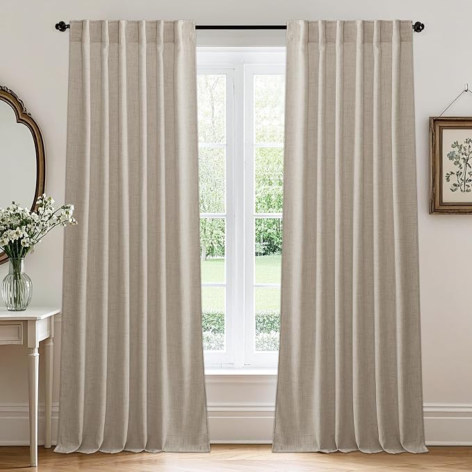 RYB HOME Farmhouse Boho Linen Sheer Curtains 90 inches Long for Living Room | Flax Linen Blend, Light Filtering, Semi Sheer, Wrinkle Resistance, Back Tab, Dorm Dining Room, W52 x L90, 2 Panels, Natural