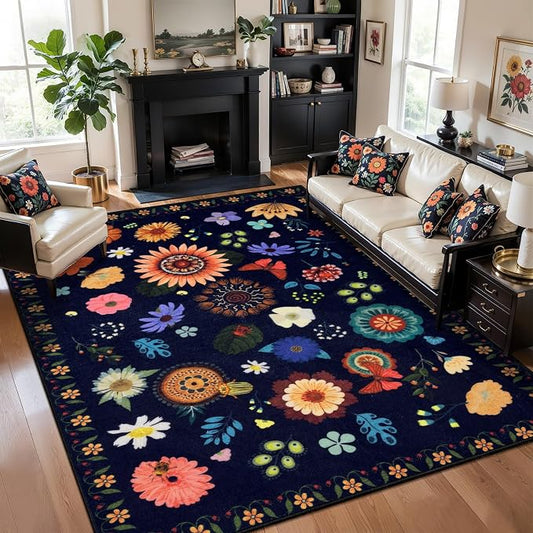 Ciicool Large 5x7 Area Rugs for Living Room Floral Boho Washable Rug | Soft Low-Pile Carpet for Bedroom Dining Room Kids Nursery Home Office Playroom Carpets Decor