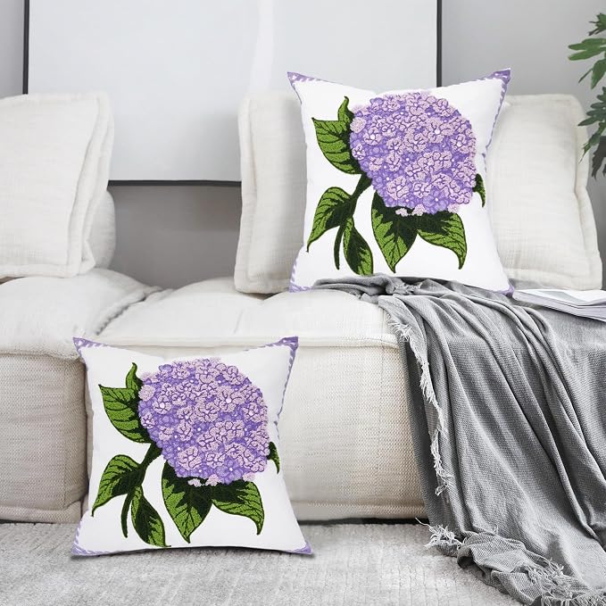 Alysheer Hydrangea Embroidered Decorative Throw Pillow Covers 18"x 18" Set of 2, Purple Lilac Floral Tufted Patterned Cotton Cushion Cases for Couch Bed Living Room Decor