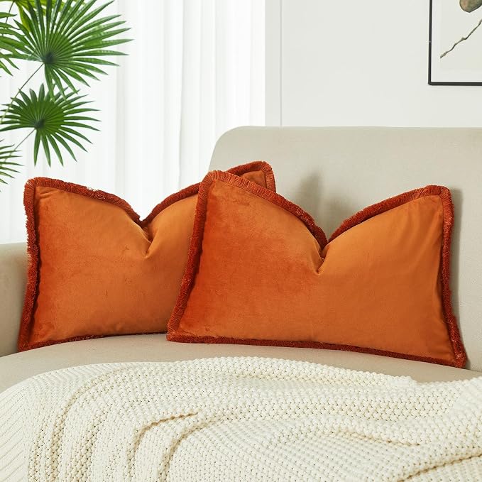 JUSPURBET Pack of 2 Rust Decorative Fringe Velvet Throw Pillow Covers 16x24 for Home Decor Living Room Bedroom Car Boho Soft Cushion Cover with Hidden Zipper Machine Washable