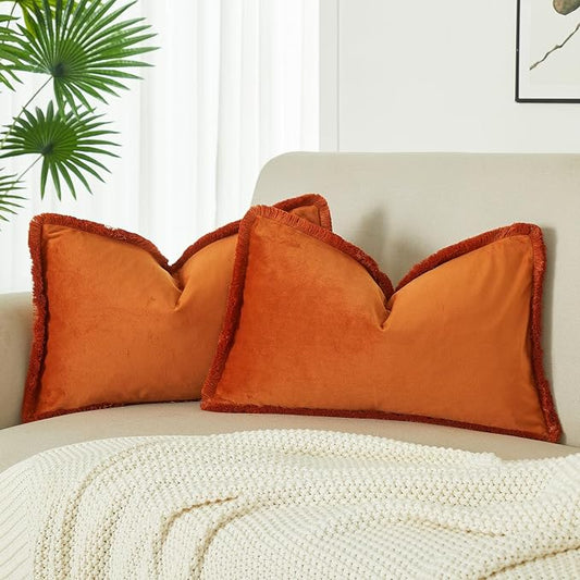 JUSPURBET Rust Lumbar Velvet Throw Pillow Covers 12x20 Inch Set of 2 with Soft Tassel Fringe Luxury Boho Pillowcase for Sofa Couch Bed Home Decor Machine Washable