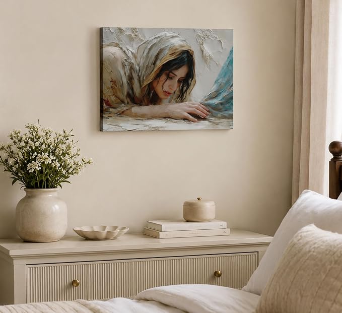 LCZDXGR Christian Wall Art Woman Touching Jesus Hem Canvas Framed 24x16in | Biblical healing miracle canvas with soft neutral tones for prayer room, bedroom, living room, church office, or faith gifts