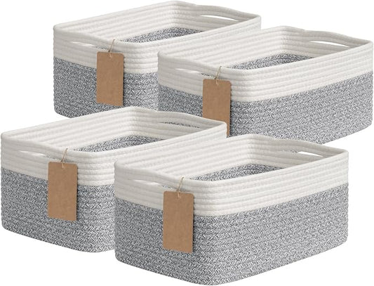 Goodpick 4 Pack Storage Baskets for Organizing Shelves, Gray & White | 13" x 8" x 6" Woven Rope Baskets for Baby Toys & Books, Shelf & Closet Organization, Stylish Gift Basket for Home Decor